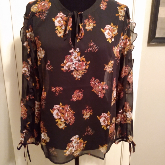 🔴 SALE NWT Modcloth Sheer Black Ruffle Blouse with Floral Pattern - Picture 3 of 10